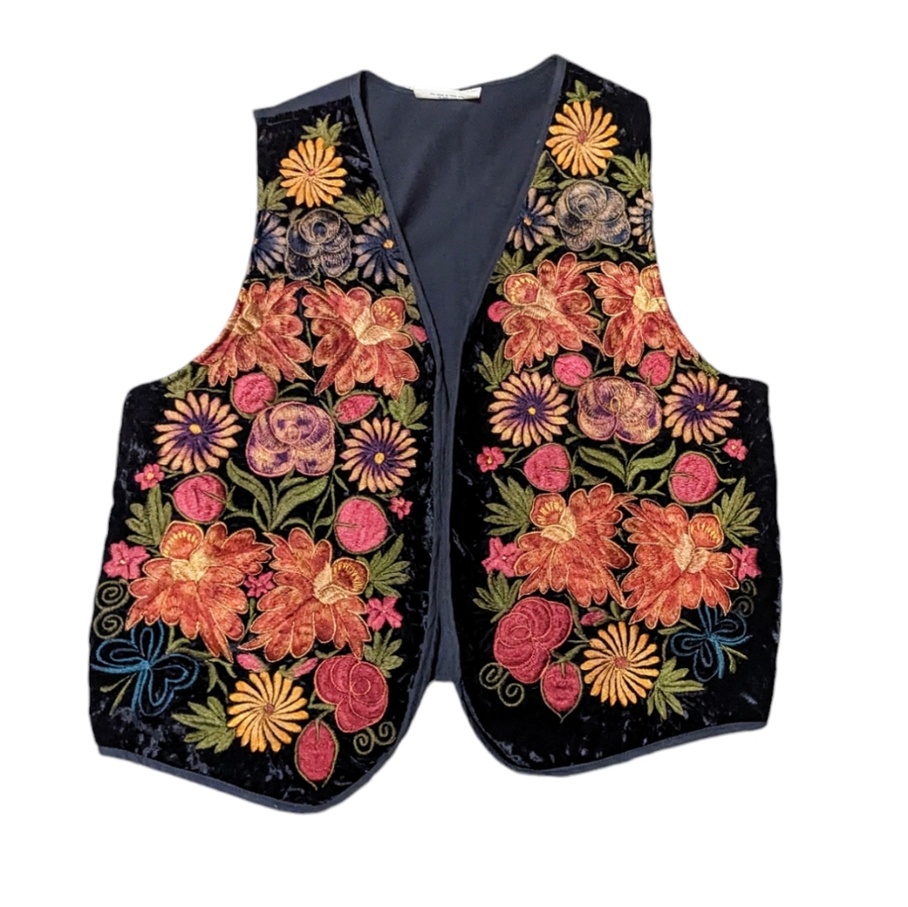Vintage Floral Vest w/ Velvet & Embroidery Handmade in Guatemala s-L fit